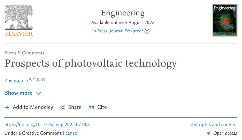 《Engineering》发表李振国英文论文《光伏技术展望》